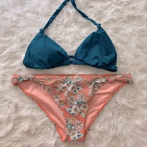 Victoria’s Secret knotted detail tropical Hawaiian teal and coral floral bikini